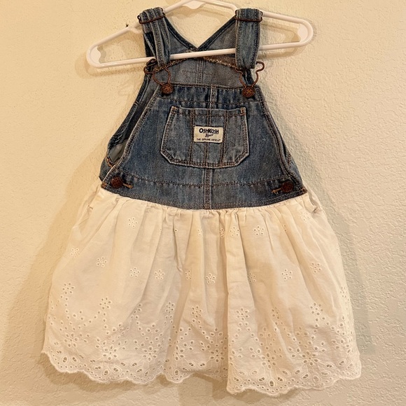 OshKosh B'gosh Kids Jean Dress Overalls, Cut White Eyelet Skirt, 12-18 months - Picture 1 of 8